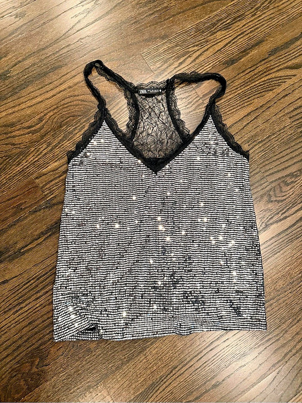 Zara Sequin Lace Tank Top in Black & Silver